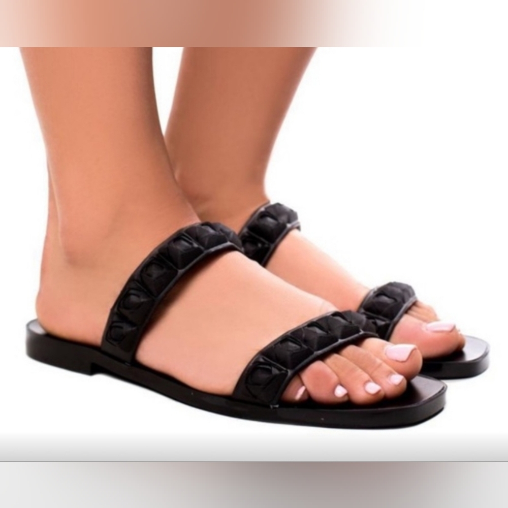 Stuart Weitzman Black Rosita Dual Strap Slide Sandals